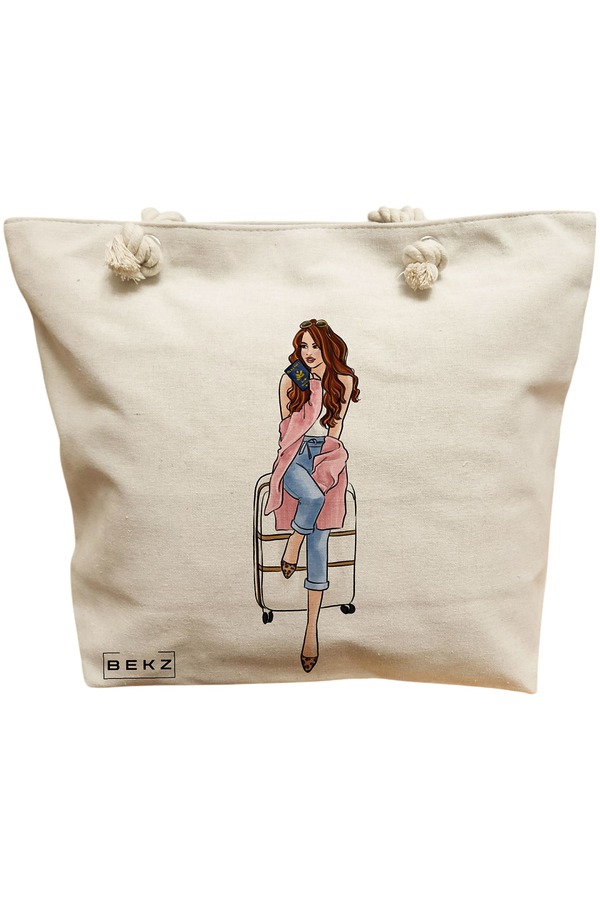 Geanta Canvas Tote pentru femei Travel Girl, 40x51 cm, Bej, BEKZ® 11 Geanta Canvas Tote pentru femei Travel Girl