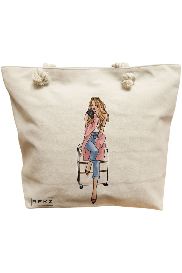 Geanta Canvas Tote pentru femei Travel Girl 2, 40x51 cm, Bej, BEKZ® 11 Geanta Canvas Tote pentru femei Travel Girl 2