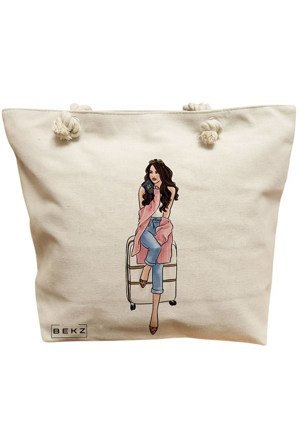Geanta Canvas Tote pentru femei Travel Girl 3, 40x51 cm, Bej, BEKZ® 11 Geanta Canvas Tote pentru femei Travel Girl 3