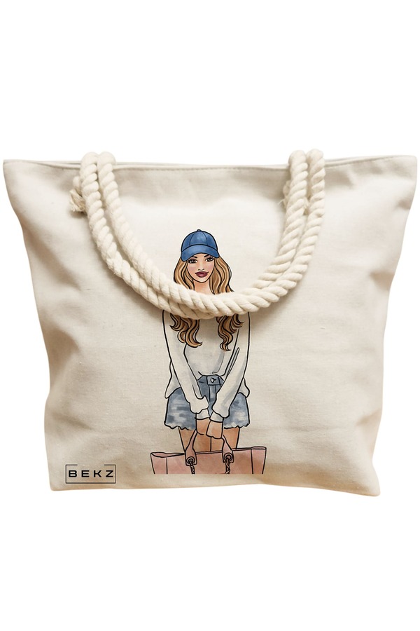 Geanta de Plaja Canvas Tote pentru femei Travel Girl 4, 40x51 cm, Bej, BEKZ® 12 40x51 cm
