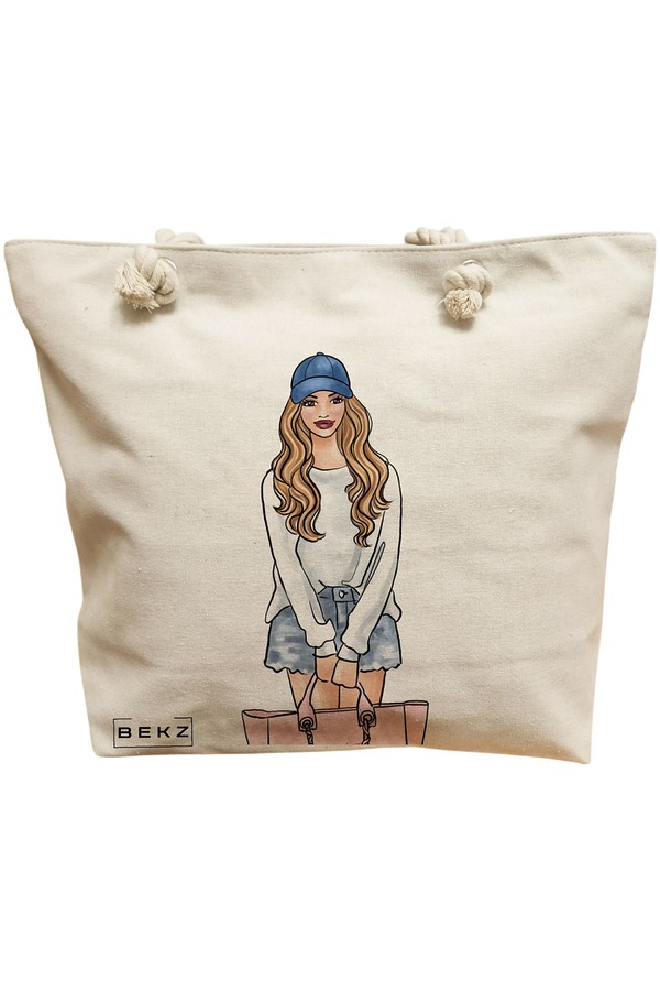 Geanta de Plaja Canvas Tote pentru femei Travel Girl 4, 40x51 cm, Bej, BEKZ® 11 Geanta Canvas Tote pentru femei Travel Girl 4
