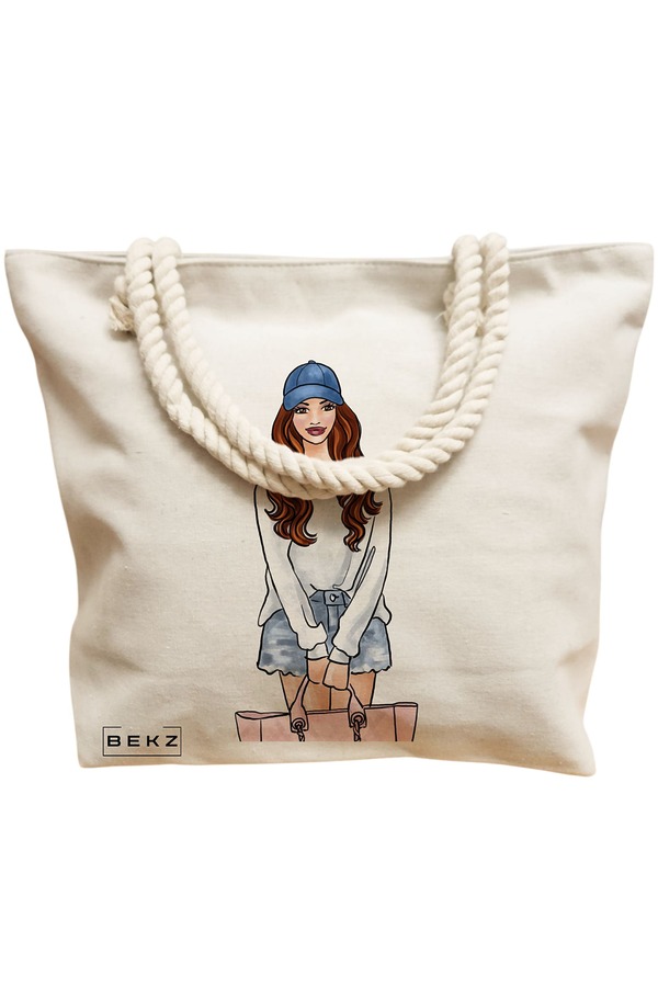 Geanta Canvas Tote pentru femei Travel Girl 5, 40x51 cm, Bej, BEKZ® 12 40x51 cm