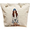 Geanta Canvas Tote pentru femei Travel Girl 5, 40x51 cm, Bej, BEKZ® 16 Geanta Canvas Tote pentru femei Travel Girl 5
