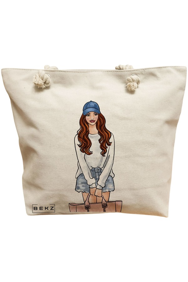 Geanta Canvas Tote pentru femei Travel Girl 5, 40x51 cm, Bej, BEKZ® 11 Geanta Canvas Tote pentru femei Travel Girl 5