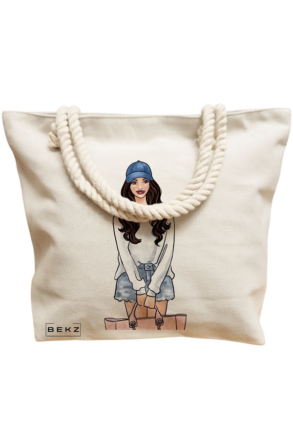 Geanta Canvas Tote pentru femei Travel Girl 6, 40x51 cm, Bej, BEKZ® 12 40x51 cm