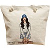 Geanta Canvas Tote pentru femei Travel Girl 6, 40x51 cm, Bej, BEKZ® 16 Geanta Canvas Tote pentru femei Travel Girl 6