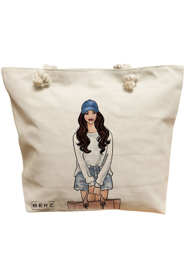 Geanta Canvas Tote pentru femei Travel Girl 6, 40x51 cm, Bej, BEKZ® 11 Geanta Canvas Tote pentru femei Travel Girl 6