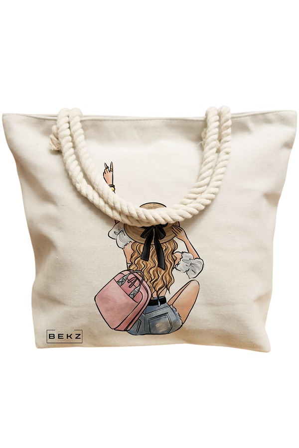 Geanta Canvas Tote pentru femei Travel Girl 7, 40x51 cm, Bej, BEKZ® 12 40x51 cm