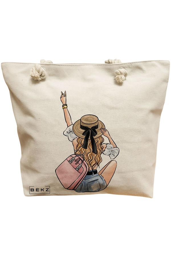 Geanta Canvas Tote pentru femei Travel Girl 7, 40x51 cm, Bej, BEKZ® 11 Geanta Canvas Tote pentru femei Travel Girl 7