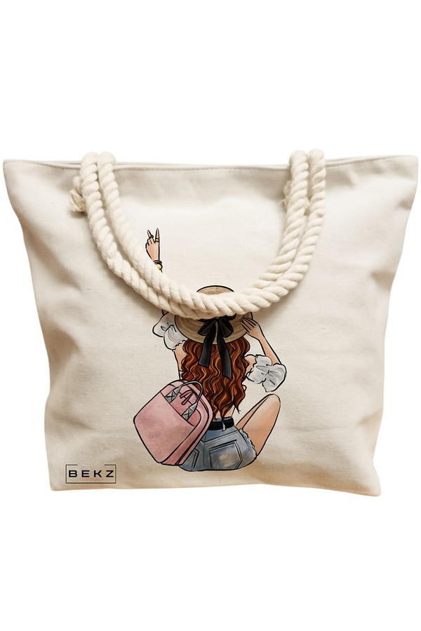 Geanta Canvas Tote pentru femei Travel Girl 8, 40x51 cm, Bej, BEKZ® 12 40x51 cm