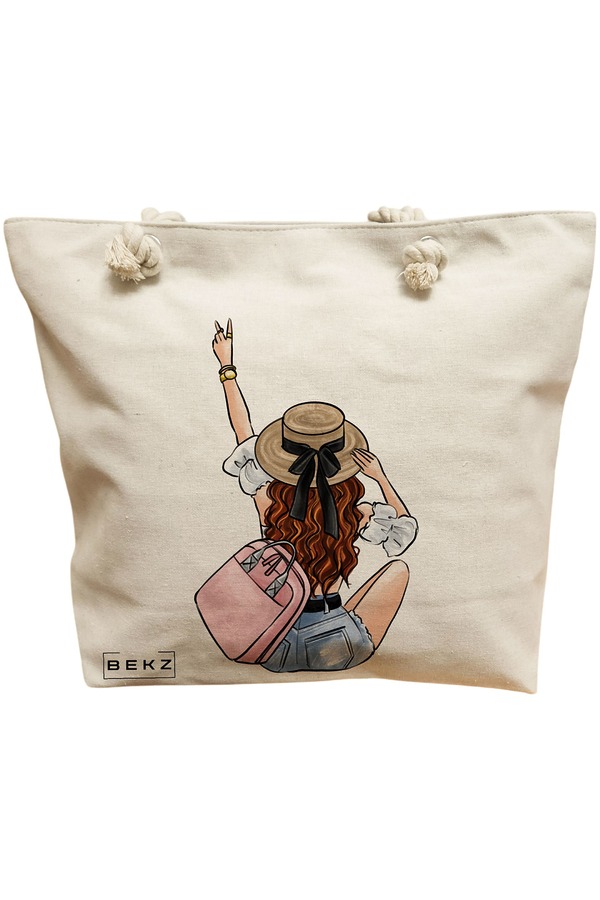 Geanta Canvas Tote pentru femei Travel Girl 8, 40x51 cm, Bej, BEKZ® 11 Geanta Canvas Tote pentru femei Travel Girl 8