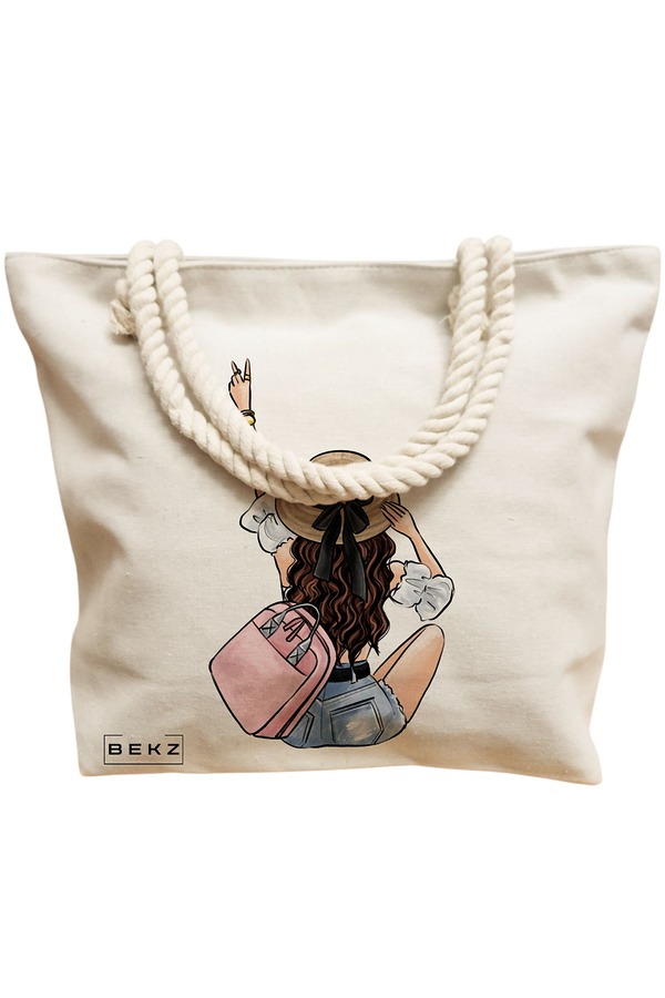 Geanta Canvas Tote pentru femei Travel Girl 9, 40x51 cm, Bej, BEKZ® 12 40x51 cm