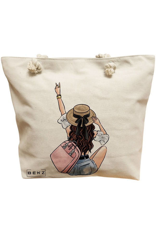 Geanta Canvas Tote pentru femei Travel Girl 9, 40x51 cm, Bej, BEKZ® 11 Geanta Canvas Tote pentru femei Travel Girl 9