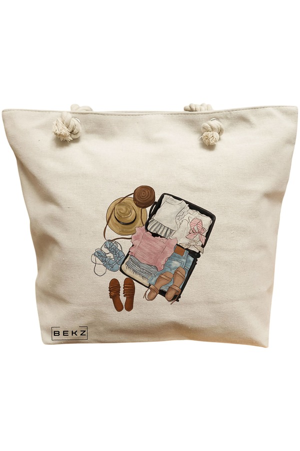 Geanta Canvas Tote pentru femei Travel Girl 10, 40x51 cm, Bej, BEKZ® 11 Geanta Canvas Tote pentru femei Travel Girl 10