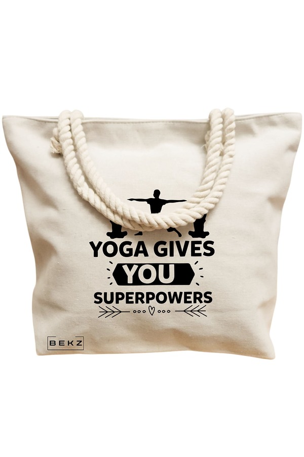 Geanta Canvas Tote pentru femei Yoga gives you super powers, 40x51 cm, Bej, BEKZ® 12 40x51 cm