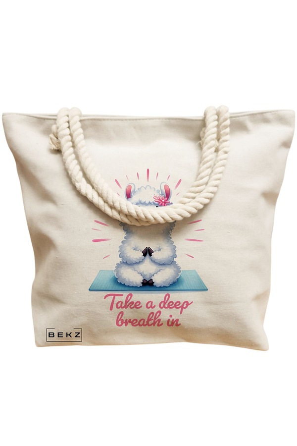 Geanta Canvas Tote pentru femei Yoga Take a deep breath in, 40x51 cm, Bej, BEKZ® 12 40x51 cm