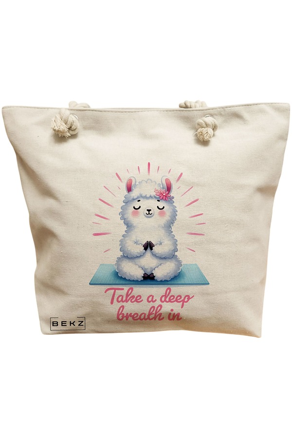 Geanta Canvas Tote pentru femei Yoga Take a deep breath in, 40x51 cm, Bej, BEKZ® 11 Geanta Canvas Tote pentru femei Yoga Take a deep breath in