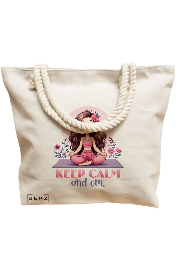 Geanta Canvas Tote pentru femei Yoga Keep calm and Om, 40x51 cm, Bej, BEKZ® 12 40x51 cm
