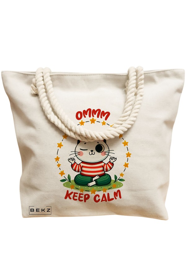 Geanta Canvas Tote pentru femei Yoga Ommm Keep Calm, 40x51 cm, Bej, BEKZ® 12 40x51 cm