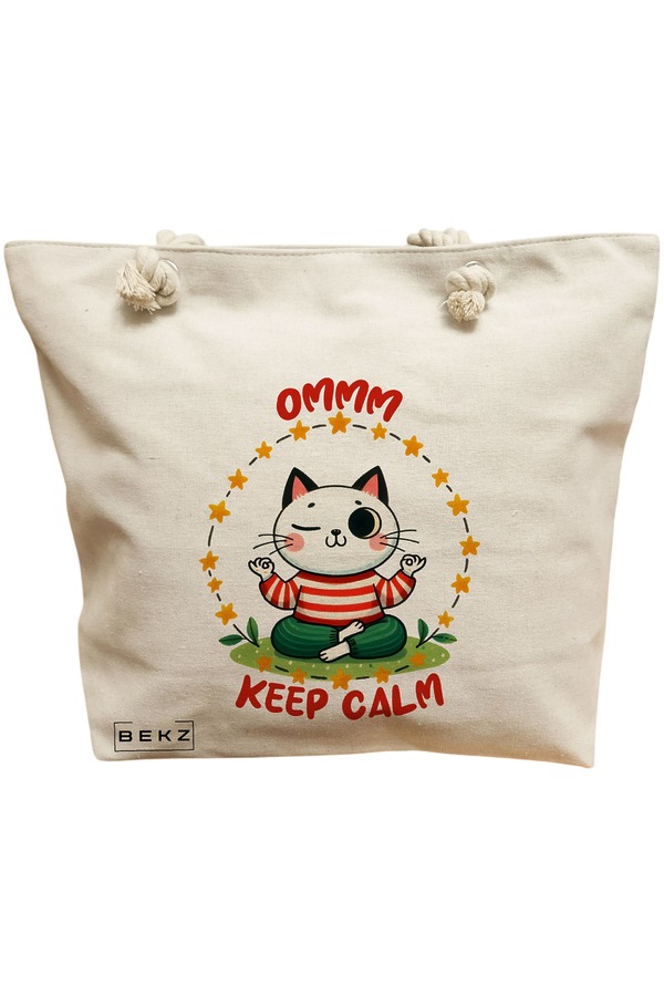 Geanta Canvas Tote pentru femei Yoga Ommm Keep Calm, 40x51 cm, Bej, BEKZ® 11 Geanta Canvas Tote pentru femei Yoga Ommm Keep Calm
