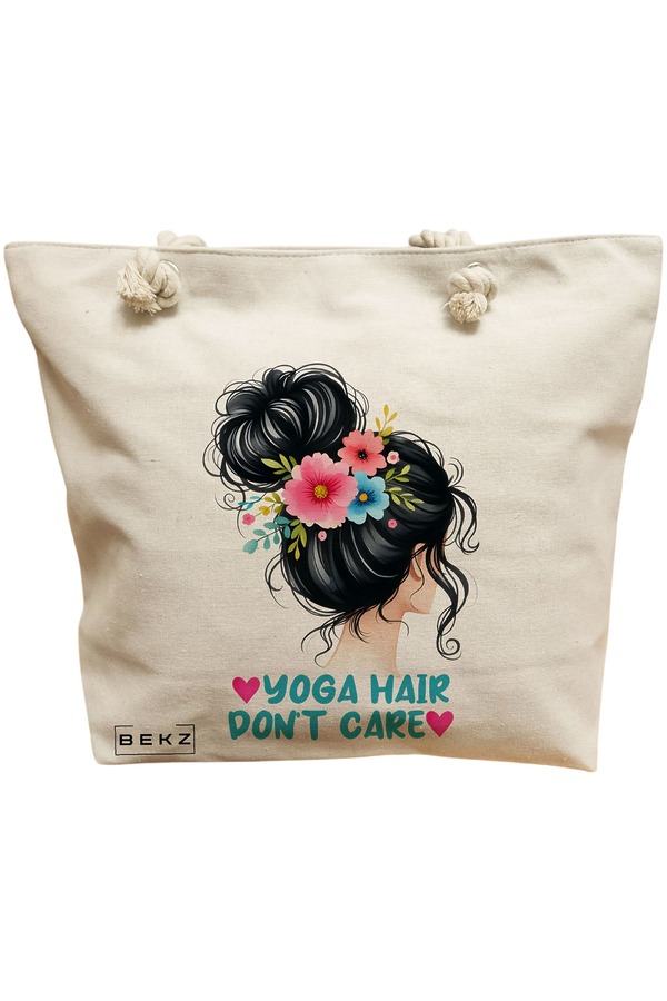 Geanta Canvas Tote pentru femei Yoga Hair don't care, 40x51 cm, Bej, BEKZ® 11 Geanta Canvas Tote pentru femei Yoga Hair don't care