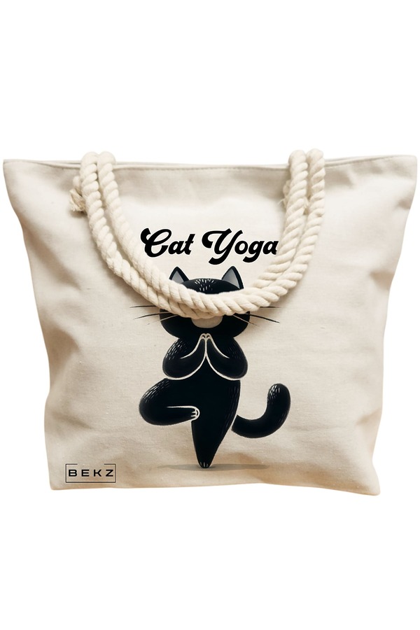 Geanta Canvas Tote pentru femei Yoga Cat, 40x51 cm, Bej, BEKZ® 12 40x51 cm