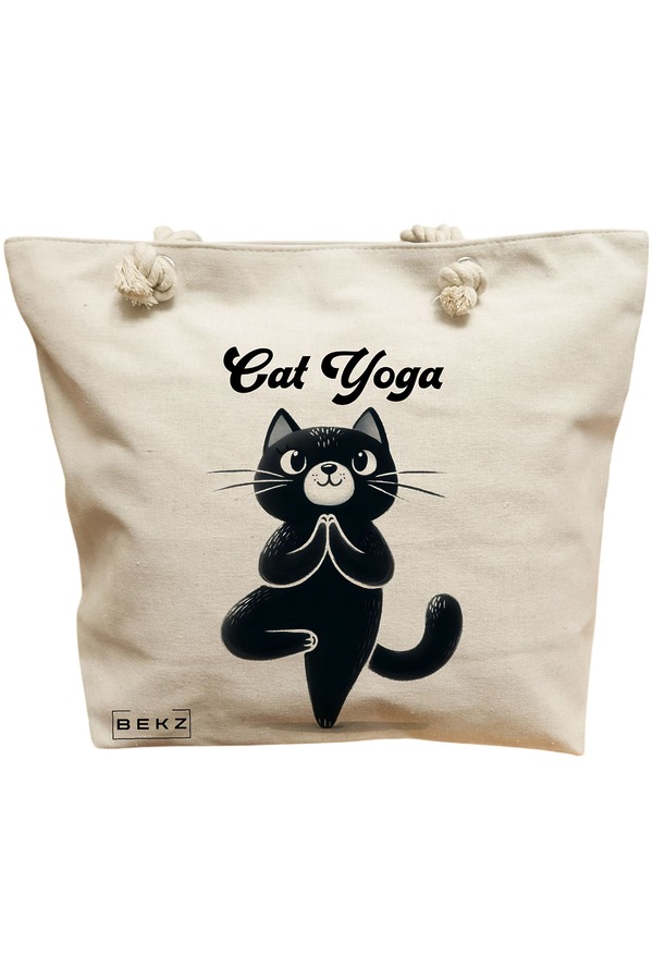 Geanta Canvas Tote pentru femei Yoga Cat, 40x51 cm, Bej, BEKZ® 11 Geanta Canvas Tote pentru femei Yoga Cat