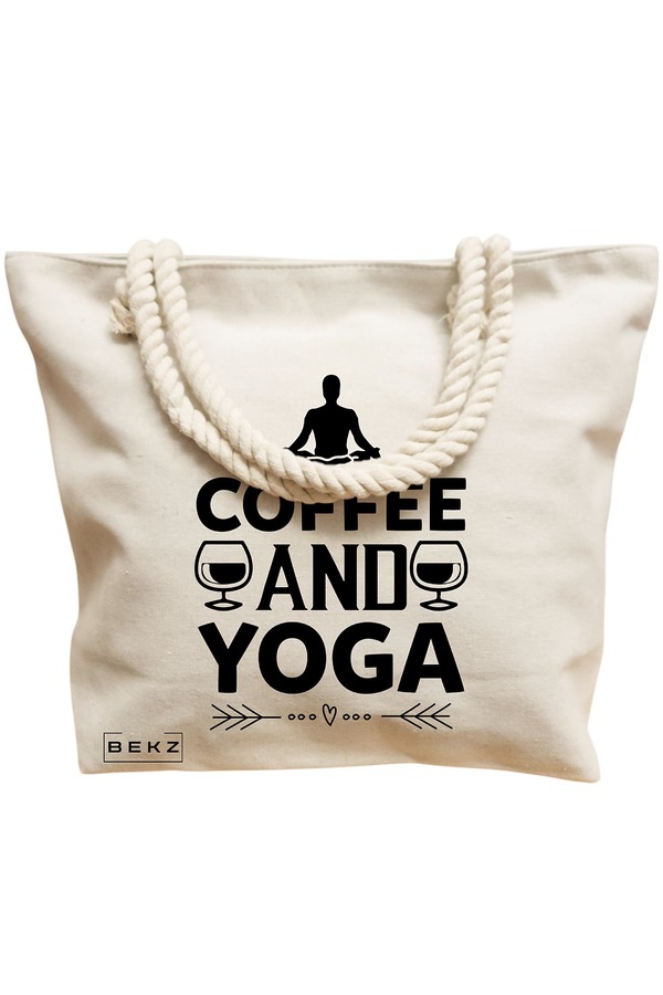 Geanta Canvas Tote pentru femei Yoga Coffee and Yoga, 40x51 cm, Bej, BEKZ® 12 40x51 cm