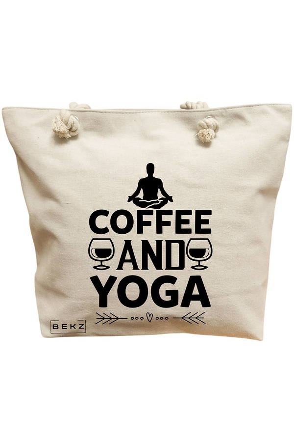 Geanta Canvas Tote pentru femei Yoga Coffee and Yoga, 40x51 cm, Bej, BEKZ® 11 Geanta Canvas Tote pentru femei Yoga Coffee and Yoga