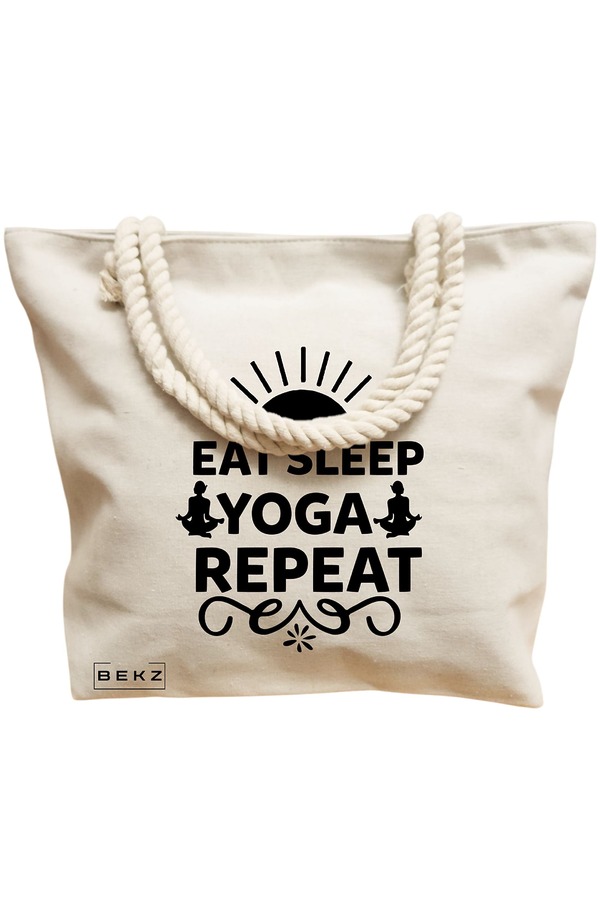 Geanta Canvas Tote pentru femei Yoga Eat Sleap Yoga Repeat, 40x51 cm, Bej, BEKZ® 12 40x51 cm