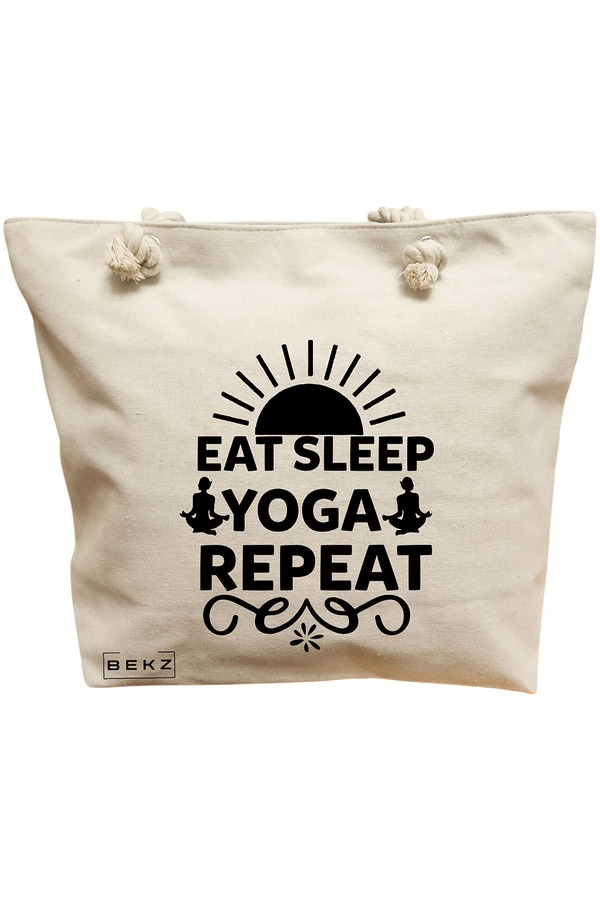 Geanta Canvas Tote pentru femei Yoga Eat Sleap Yoga Repeat, 40x51 cm, Bej, BEKZ® 11 Geanta Canvas Tote pentru femei Yoga Eat Sleap Yoga Repeat