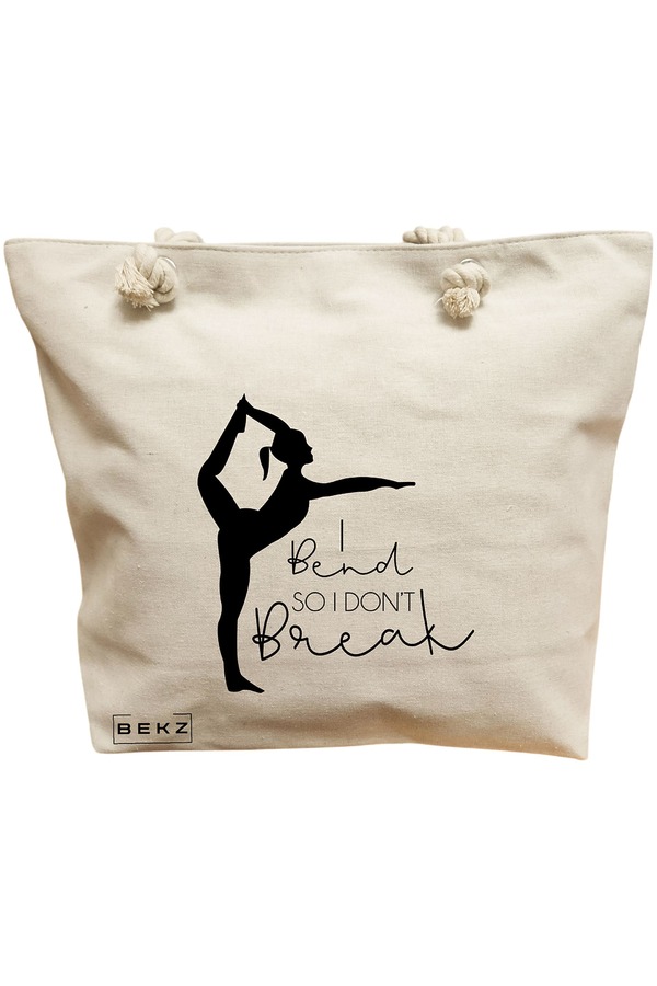 Geanta Canvas Tote pentru femei Yoga I bend so I don't break, 40x51 cm, Bej, BEKZ® 11 Geanta Canvas Tote pentru femei Yoga I bend so I don't break