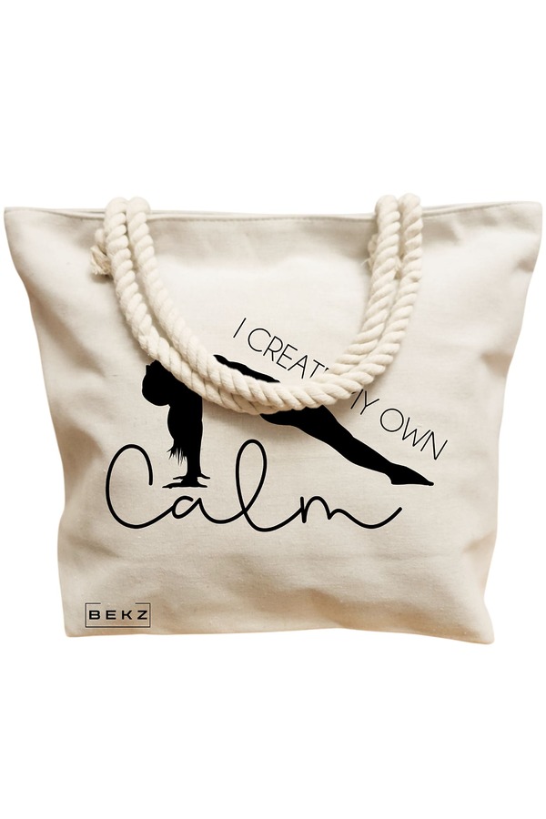 Geanta Canvas Tote pentru femei Yoga I create my own calm, 40x51 cm, Bej, BEKZ® 12 40x51 cm