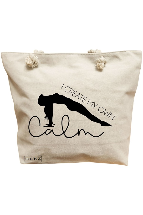 Geanta Canvas Tote pentru femei Yoga I create my own calm, 40x51 cm, Bej, BEKZ® 11 Geanta Canvas Tote pentru femei Yoga I create my own calm
