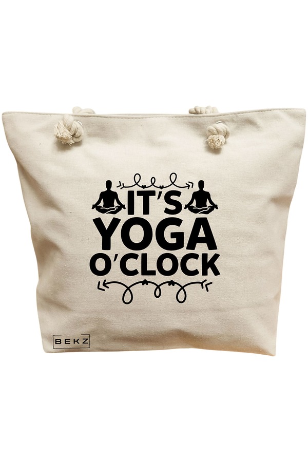 Geanta Canvas Tote pentru femei Yoga It's yoga o'clock, 40x51 cm, Bej, BEKZ® 11 Geanta Canvas Tote pentru femei Yoga It's yoga o'clock