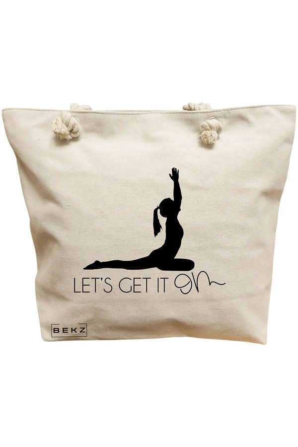 Geanta Canvas Tote pentru femei Yoga Let's get it on, 40x51 cm, Bej, BEKZ® 11 Geanta Canvas Tote pentru femei Yoga Let's get it on