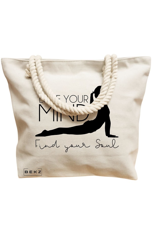 Geanta Canvas Tote pentru femei Yoga Lose your mind Find your soul, 40x51 cm, Bej, BEKZ® 12 40x51 cm
