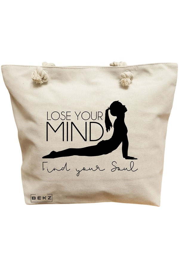 Geanta Canvas Tote pentru femei Yoga Lose your mind Find your soul, 40x51 cm, Bej, BEKZ® 11 Geanta Canvas Tote pentru femei Yoga Lose your mind Find your soul