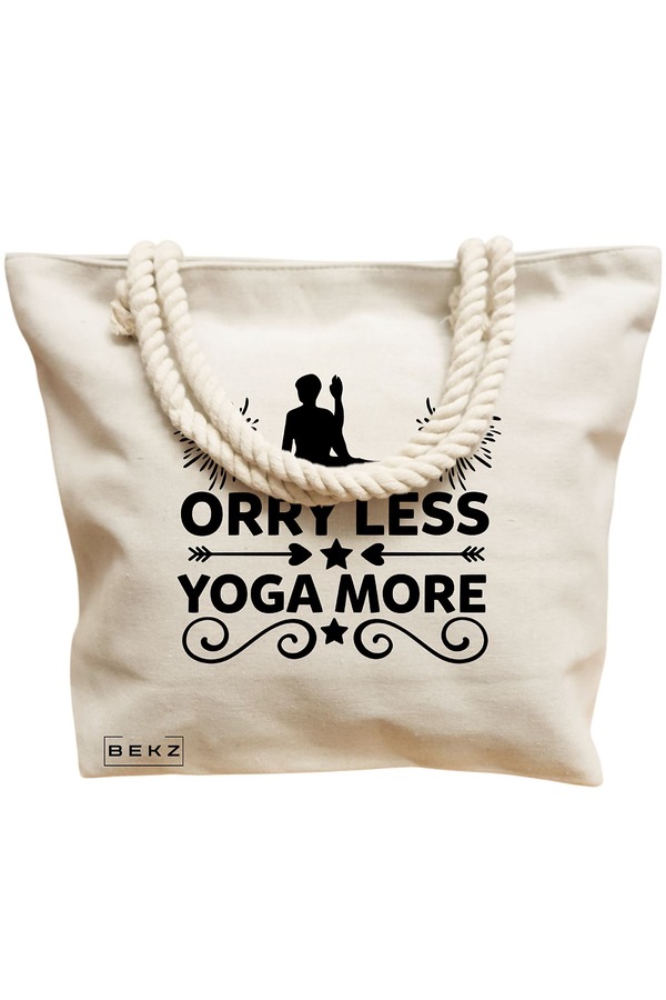 Geanta Canvas Tote pentru femei Yoga Orry less yoga more, 40x51 cm, Bej, BEKZ® 12 40x51 cm
