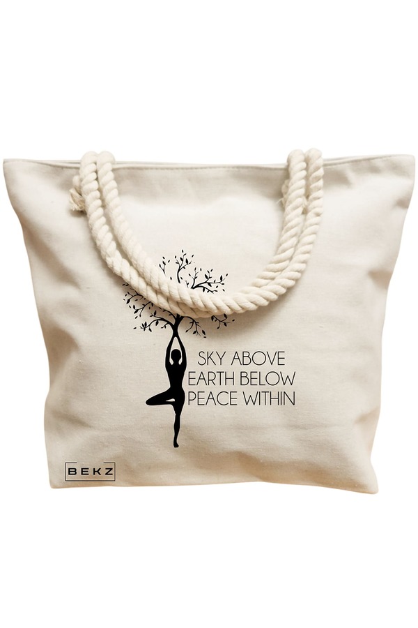 Geanta Canvas Tote pentru femei Yoga Sky above earth peace within, 40x51 cm, Bej, BEKZ® 12 40x51 cm