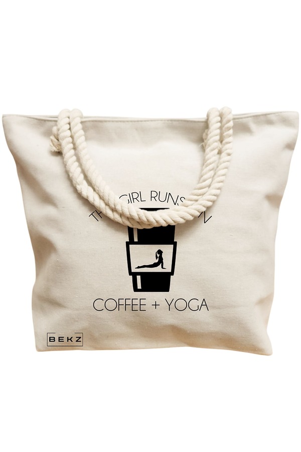Geanta Canvas Tote pentru femei Yoga This Girl runs on coffe and yoga 2, 40x51 cm, Bej, BEKZ® 12 40x51 cm