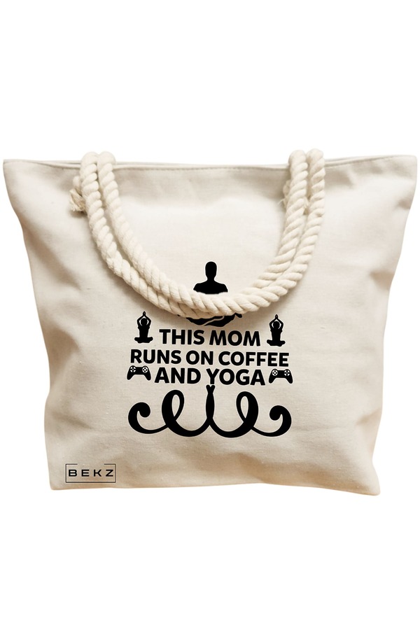 Geanta Canvas Tote pentru femei Yoga This MOM runs on coffe and yoga, 40x51 cm, Bej, BEKZ® 12 40x51 cm