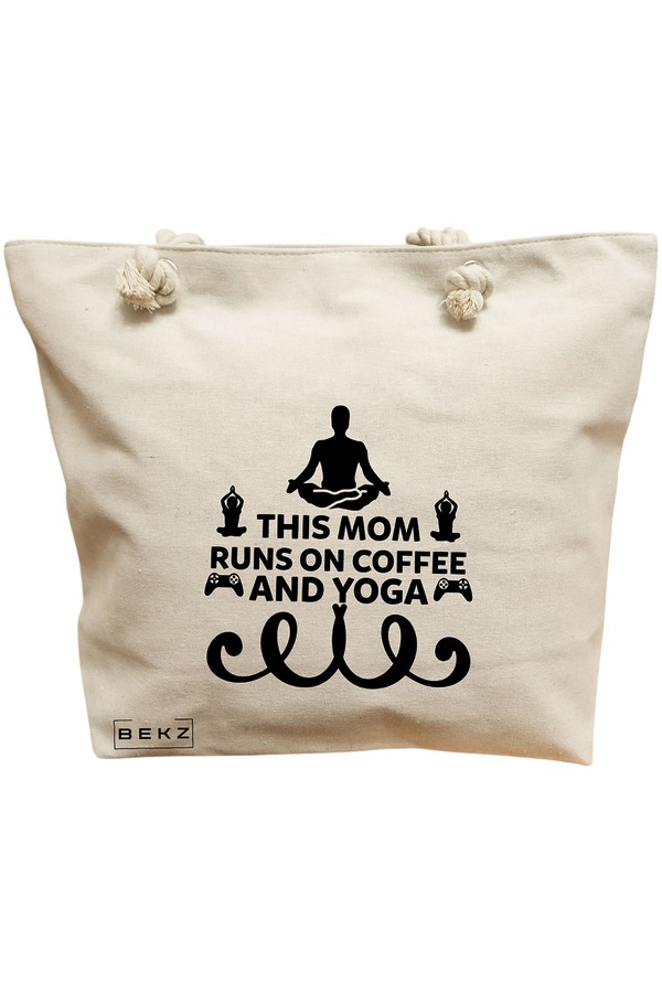 Geanta Canvas Tote pentru femei Yoga This MOM runs on coffe and yoga, 40x51 cm, Bej, BEKZ® 11 Geanta Canvas Tote pentru femei Yoga This MOM runs on coffe and yoga