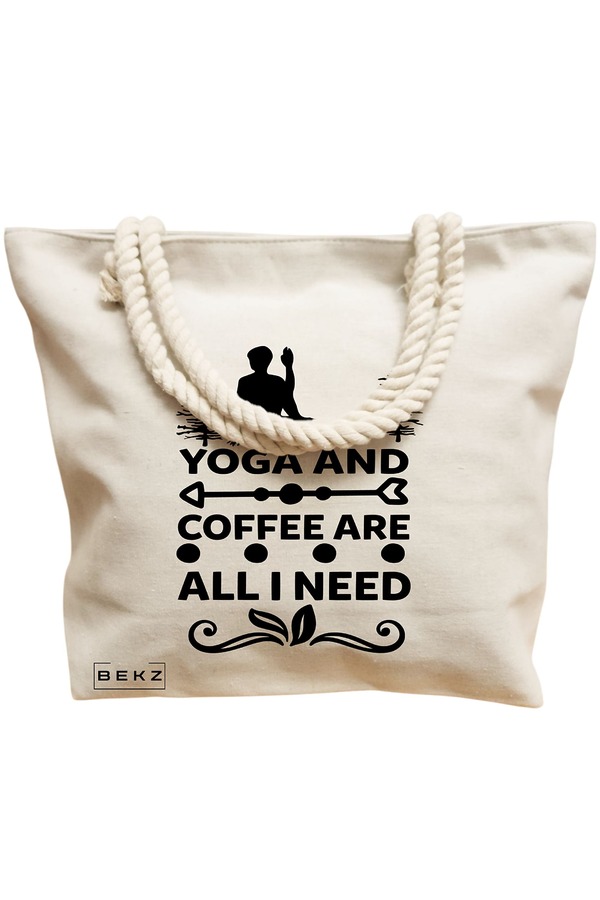 Geanta Canvas Tote pentru femei Yoga and Coffee are all I need, 40x51 cm, Bej, BEKZ® 12 40x51 cm