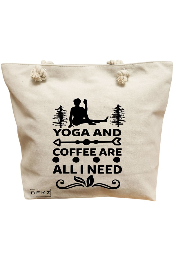 Geanta Canvas Tote pentru femei Yoga and Coffee are all I need, 40x51 cm, Bej, BEKZ® 11 Geanta Canvas Tote pentru femei Yoga and Coffee are all I need