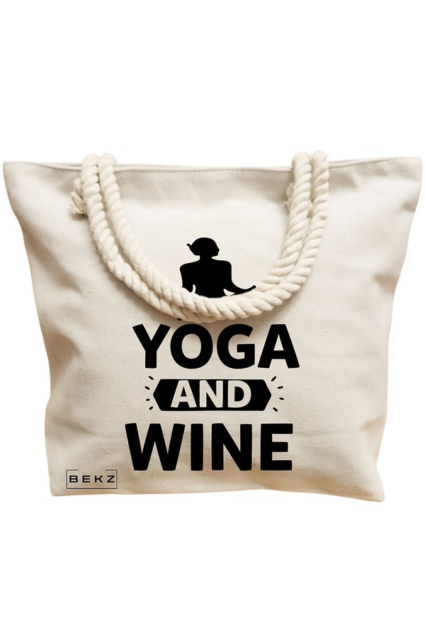 Geanta Canvas Tote pentru femei Yoga and Wine, 40x51 cm, Bej, BEKZ® 12 40x51 cm