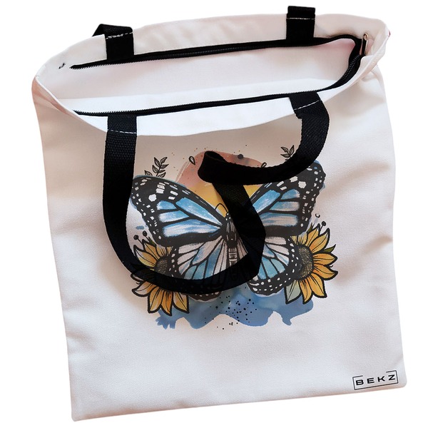 Geanta Canvas Tote pentru femei Blue Butterfly, 38x34.5 cm, Alba, BEKZ® 2 Geanta Canvas Tote pentru femei Blue Butterfly 38x34.5 cm Alba BEKZ® 1