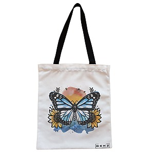 Geanta Canvas Tote pentru femei Blue Butterfly, 38x34.5 cm, Alba, BEKZ®
