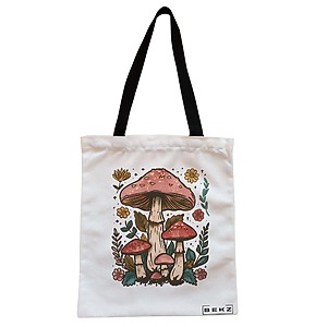 Geanta Canvas Tote pentru femei Colorful Mushrooms 2, 38x34.5 cm, Alba, BEKZ®