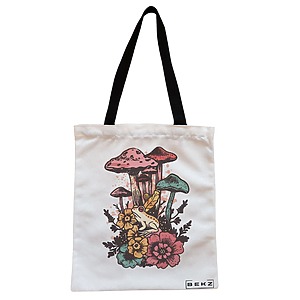 Geanta Canvas Tote pentru femei Colorful Mushrooms, 38x34.5 cm, Alba, BEKZ®